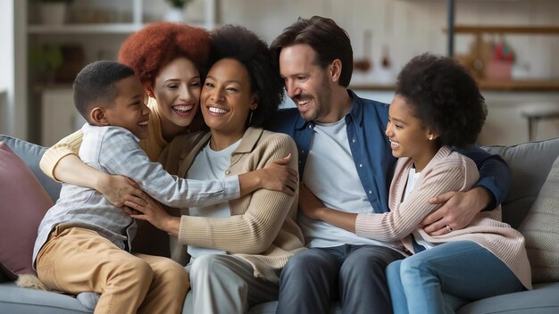 Le sourire heureux et le portrait d'une famille interraciale assise sur un canapé dans le salon à la maison