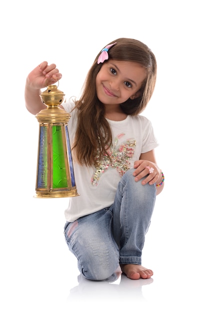 Sourire, jeune fille, à, ramadan, lanterne