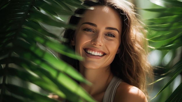 Sourire de jeunes femmes avec des feuilles vertes