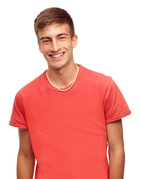 Sourire de mode et portrait d'homme en studio avec confiance attrayant et fierté sur fond blanc Heureux confiant et visage d'un beau jeune homme isolé avec des vêtements décontractés à la mode