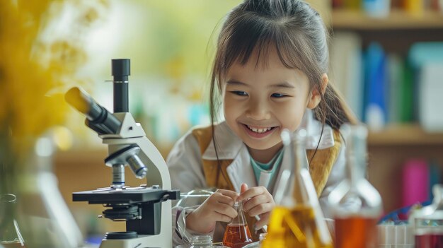 Le sourire d'un petit enfant heureux et l'apprentissage dans le laboratoire scolaire à l'aide d'un microscope concept scientifique et éducatif