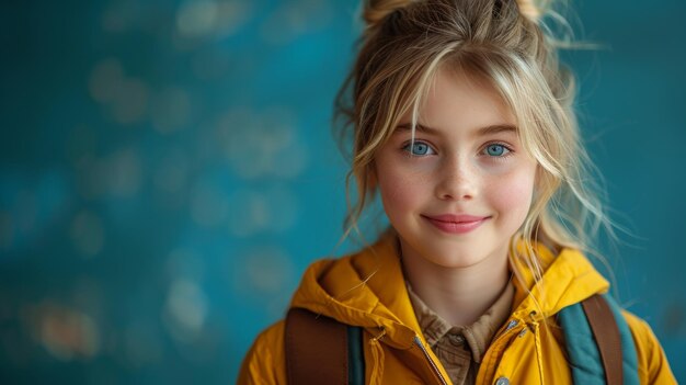 Le sourire d'une petite fille blonde âgée de 12-13 ans qui porte une veste jaune et tient des livres dans un sac à dos isolé sur un fond bleu pastel concept de style de vie de l'enfance éducation scolaire