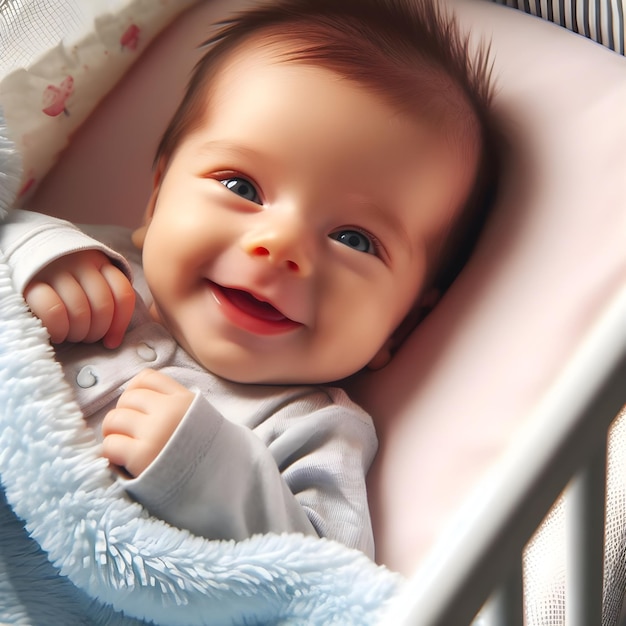 Photo le sourire radieux d'un nourrisson heureux couché dans un berceau pendant la journée