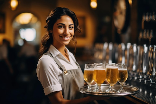 Avec un sourire ravi, une jeune serveuse porte habilement un plateau orné de verres à bière reflétant son dévouement au service client et son bonheur dans son rôle
