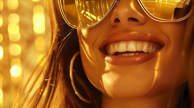 Un sourire vibrant femme avec des lunettes de soleil chaudes lumières bokeh dorées idéales pour le style de vie et les publicités de mode AI