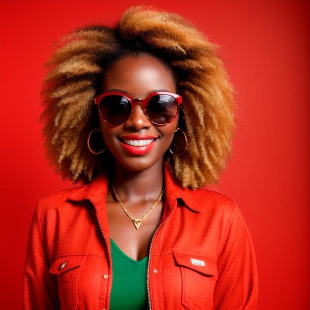 Sourire vibrant sur une toile rouge Beauté afro élégante