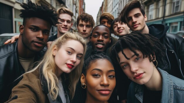 Des sourires mondiaux capturant la joie dans des selfies de groupe de jeunes joyeux et heureux de différentes nationalités célébrant l'unité l'amitié l'harmonie culturelle dans des moments partagés de bonheur et de solidarité