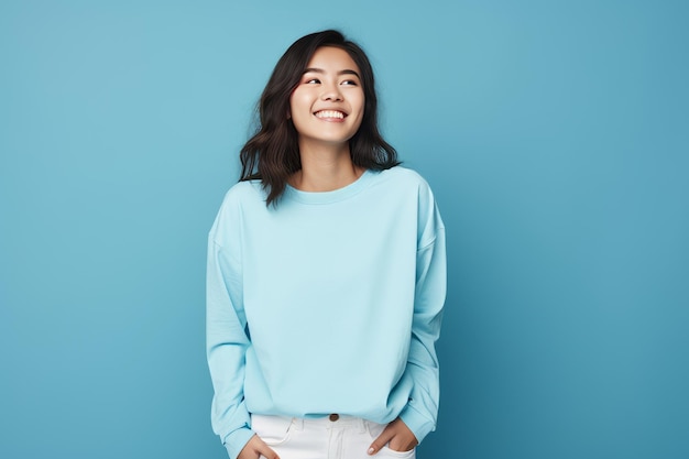 Des sourires rayonnants captivants Portrait d'une adolescente asiatique heureuse sur un fond bleu