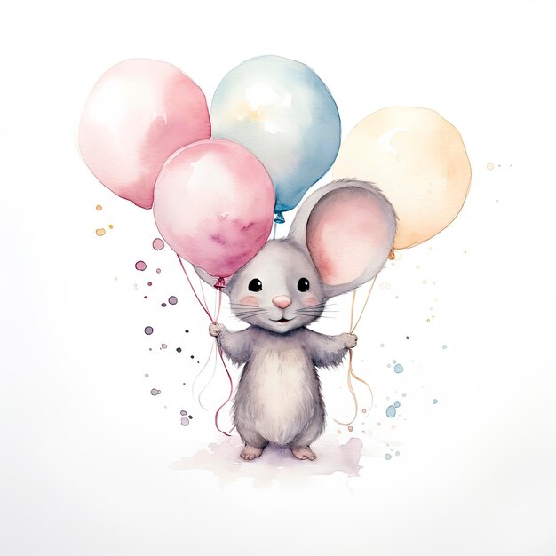 Souris aquarelle avec des ballons