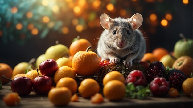 Photo une souris assise sur une pile de fruits ai photo
