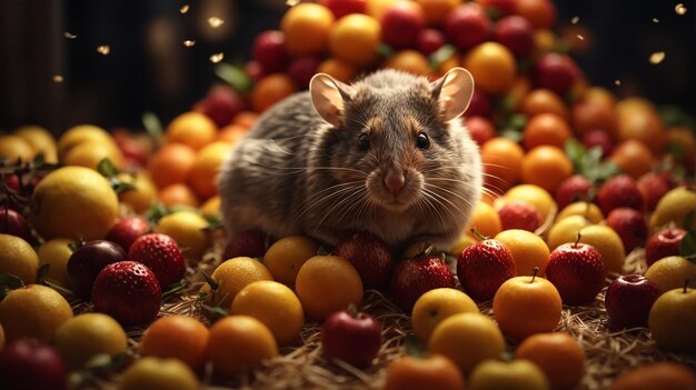 Photo une souris assise sur une pile de fruits ai photo