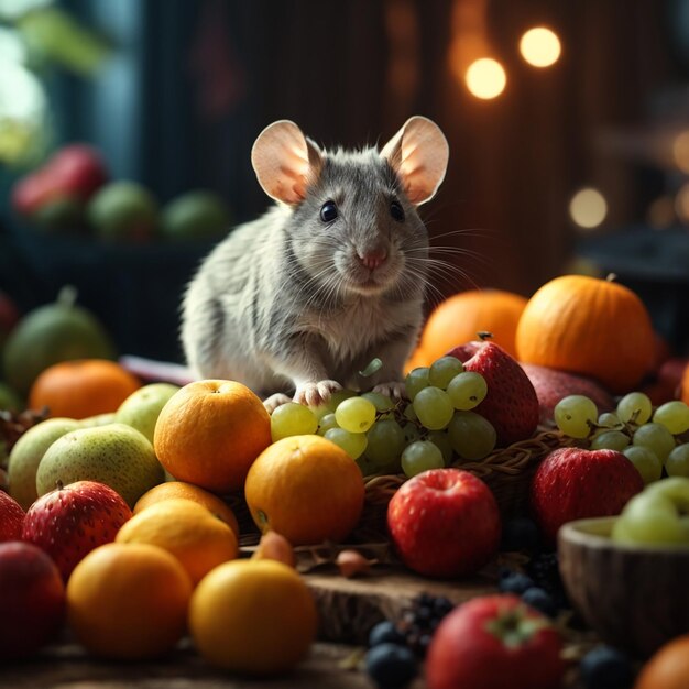 Photo une souris assise sur une pile de fruits ai photo