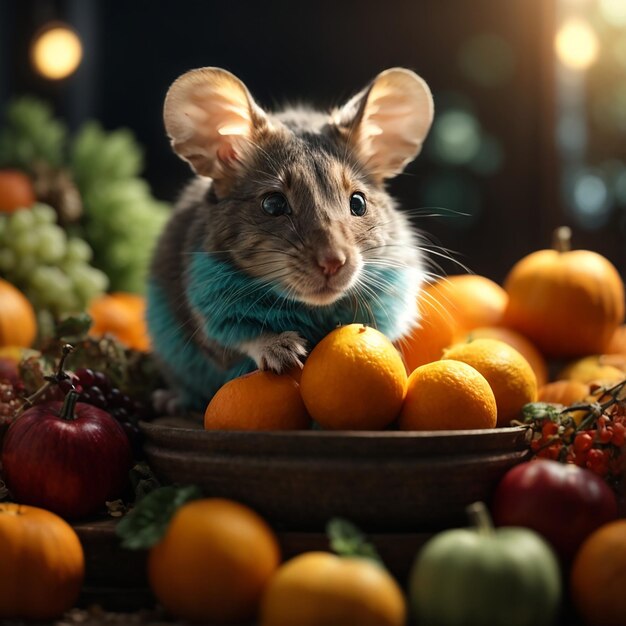 Photo une souris assise sur une pile de fruits ai photo