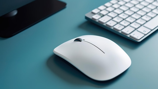 Une souris blanche avec un bouton à côté d'un clavier.