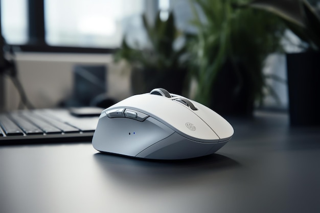 Une souris blanche est assise sur un bureau devant une plante.
