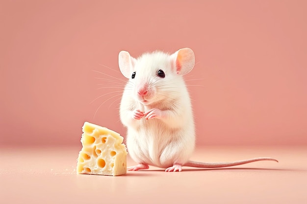 Souris Blanche Sur Fond Rose Souris Mignonne Mangeant Du Fromage Ai  Génératif