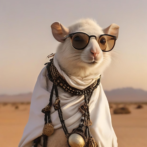 Photo souris blanche avec des lunettes noires sur le dessus d'un chameau dans le désert pendant le coucher du soleil ai