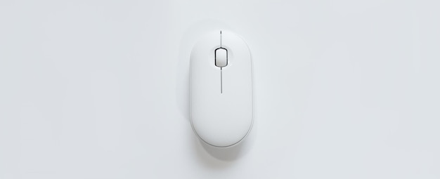 Souris blanche d'ordinateur à disposition sur un fond blanc dans l'équipement informatique de format de bannière et