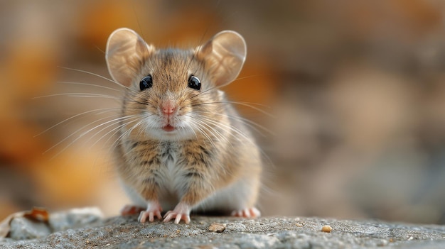 Une souris brune assise sur un sol en bois