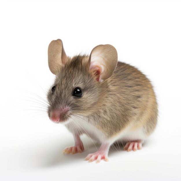 Une souris brune avec un fond blanc et un nez noir.