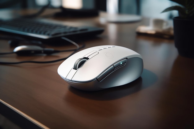 Une souris sur un bureau avec un clavier et un bouton de souris