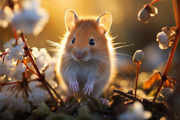 Souris des champs grimpant sur la tige de blé à midi