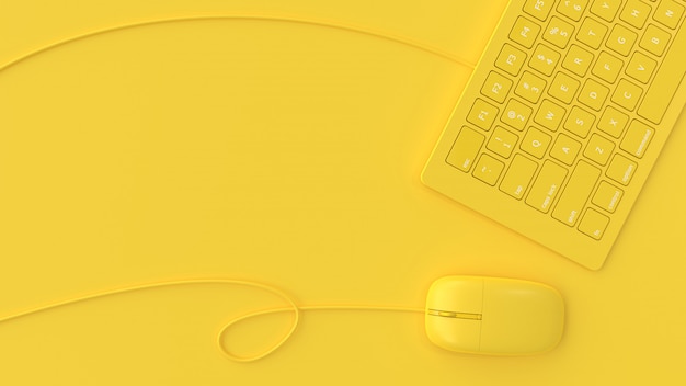 Souris à côté du clavier couleur jaune sur la vue de dessus de fond jaune