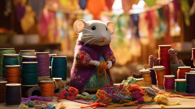 Photo une souris créant artistiquement un nid à partir de fils colorés dans une salle d'artisanat éclairée par le soleil