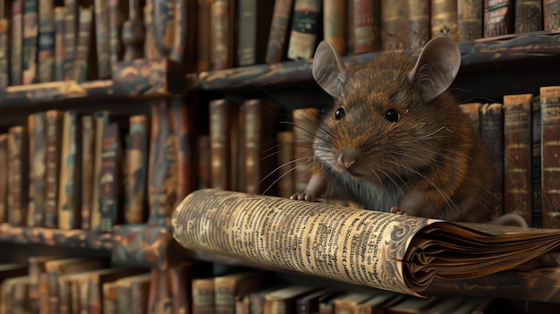 Photo une souris curieuse perchée sur un tome poussiéreux dans une vaste bibliothèque ses petites pattes saisissant les pages fragiles