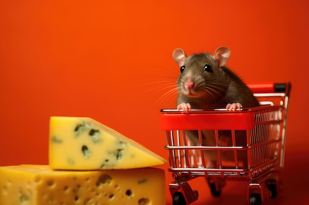 Une souris dans un caddie avec un morceau de fromage en arrière-plan Generative AI