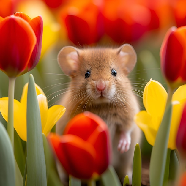 Une souris dans un champ de tulipes à fleurs jaunes et rouges.