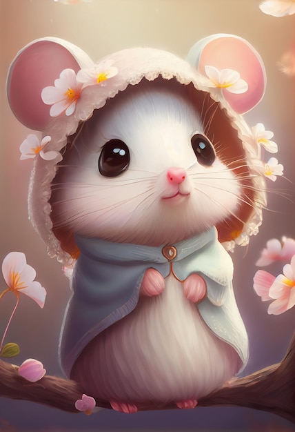 Une souris dans un chapeau avec des fleurs