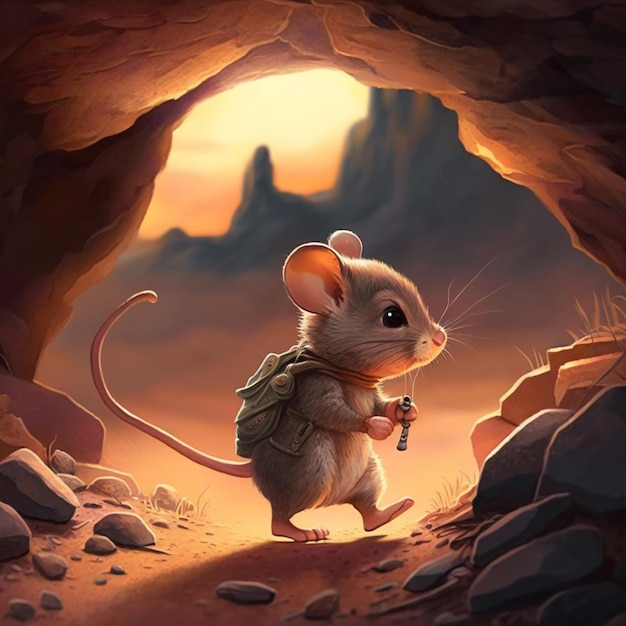 Une souris dans une grotte avec un sac à dos