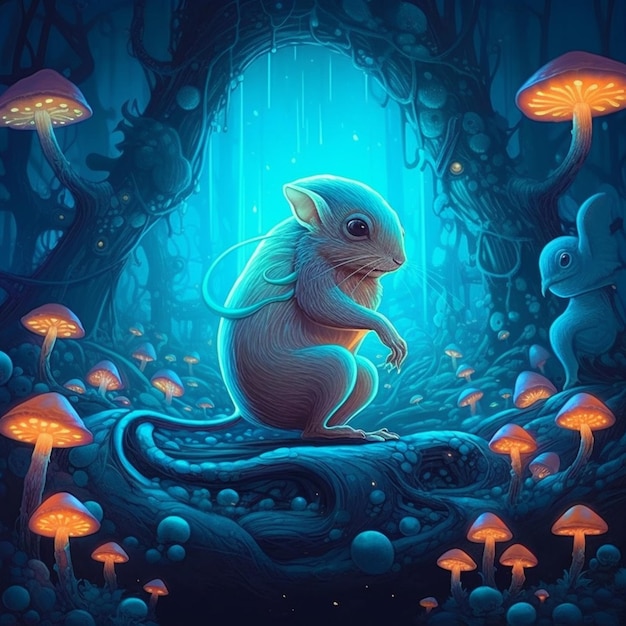 une souris de dessin animé assise sur une bûche dans une forêt avec des champignons ai générative