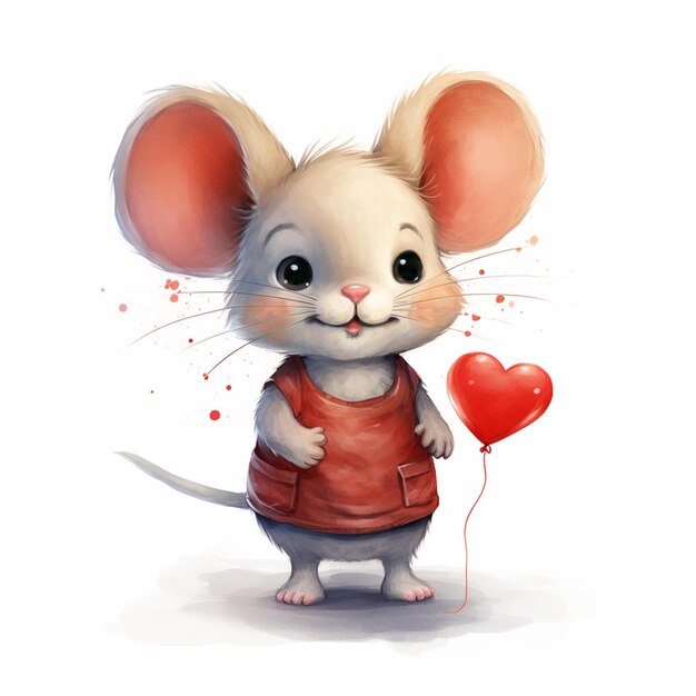 Photo souris de dessin animé avec un cœur rouge ballon génératif ai