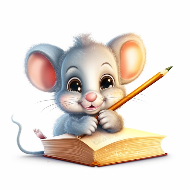 Photo souris de dessin animé avec un crayon écrit sur un livre avec une ai générative de fond blanc