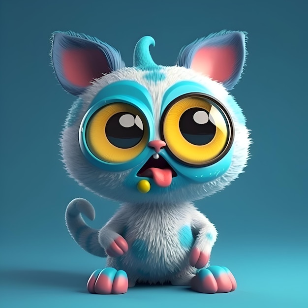 Souris de dessin animé drôle avec de grands yeux sur fond bleu rendu 3D