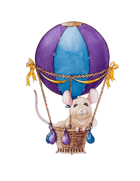 Souris drôle dans le panier de ballon à air Illustration aquarelle Image de dessin animé mignonne petite souris