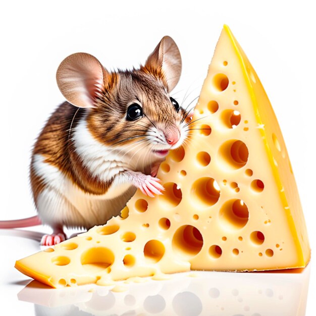 Photo une souris embrasse un morceau de fromage triangulaire