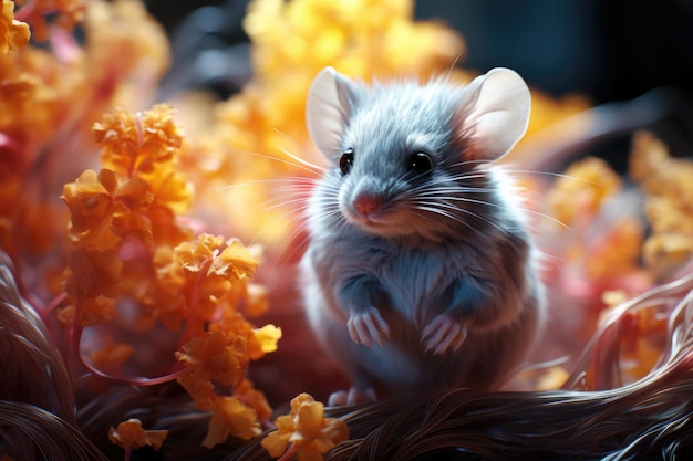 Une souris est assise au milieu d'un bouquet de fleurs ai