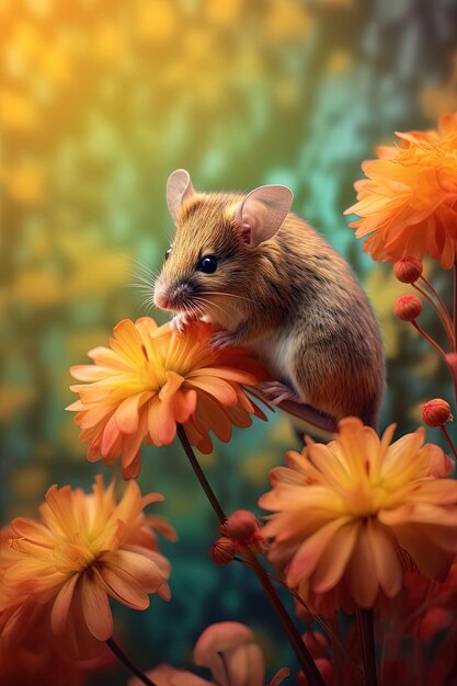 une souris est assise sur une fleur avec des fleurs en arrière-plan