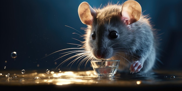 Photo une souris est assise sur une table à côté d'un verre d'eau cette image peut être utilisée pour représenter une petite créature dans un environnement domestique ou pour illustrer des concepts tels que la curiosité ou la soif