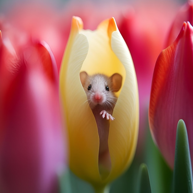 Une souris est à l'intérieur d'une tulipe avec des tulipes rouges en arrière-plan.