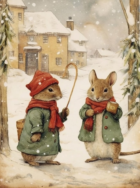 souris sur fond d'hiver invitation de Noël avec souris de dessin animé carte de Noël vintage