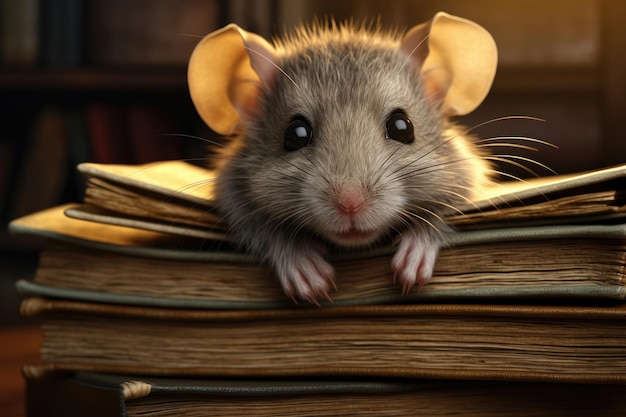 Une souris grise dans un sweat-shirt est assise avec des livres dans la bibliothèque Le concept de préparation