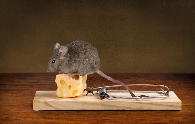 Photo souris grise et piège à souris avec fromage
