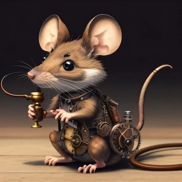 Photo une souris avec une horloge sur le dos porte une tenue steampunk.