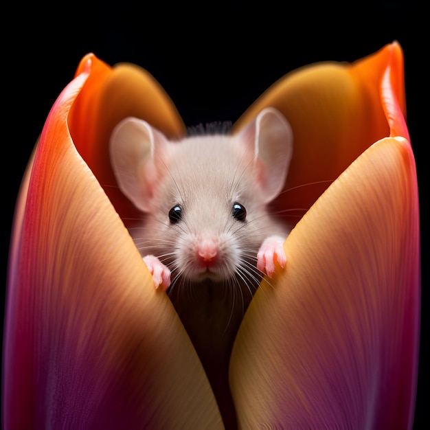 Une souris jette un coup d'oeil hors d'une fleur