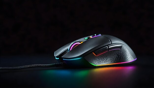 Souris de jeu noire avec éclairage RGB multicolore sur un fond sombre