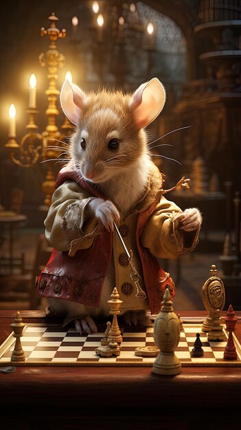 Photo une souris jouant aux échecs avec un échiquier avec un jeu d'échecs